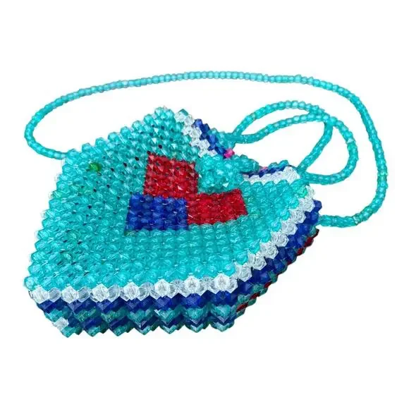 Handmade Beaded Heart Bag Purse Blue Shoulder Strap Unique Dopamine Maximalist - Picture 4 of 7